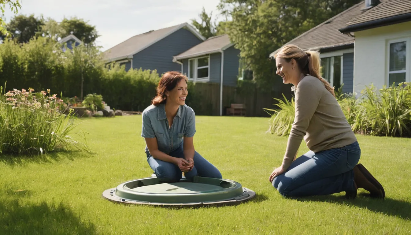 A provider checking a septic tank lid in a yard near Kansas City